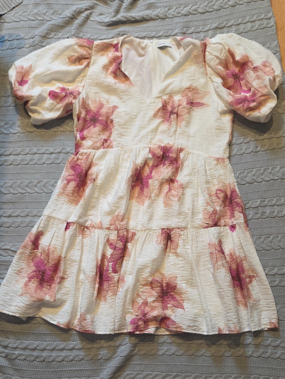 Nine West White Floral Dress Puff Sleeves Tiered Skirt Large Party Resort